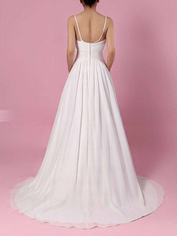 A-line V-neck Chiffon Sweep Train Wedding Dress with Ruffles