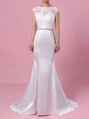 Elegant Trumpet/Mermaid Illusion Lace Satin Sweep Train Wedding Dress With Beading