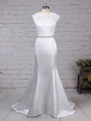 Elegant Trumpet/Mermaid Illusion Lace Satin Sweep Train Wedding Dress With Beading