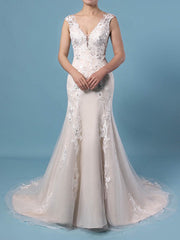 Elegant V-neck Tulle Wedding Dress with Appliques Lace and Sweep Train
