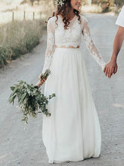 A-Line Illusion Chiffon Floor-Length Wedding Dress with Appliques Lace