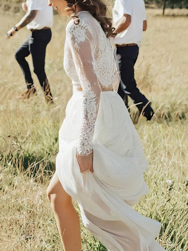 A-Line Illusion Chiffon Floor-Length Wedding Dress with Appliques Lace