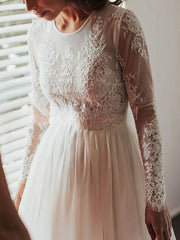 A-Line Illusion Chiffon Floor-Length Wedding Dress with Appliques Lace