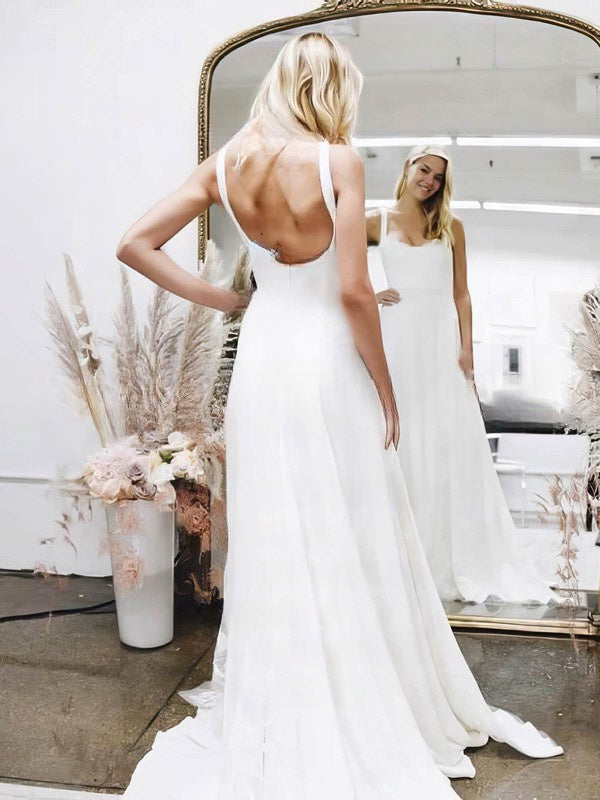 A-line Square Neckline Stretch Crepe Wedding Dress with Lace Sweep Train