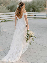 A-line V-neck Lace Sweep Train Wedding Dress