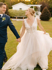 V-neck Tulle Court Train Wedding Dresses With Cascading Ruffles Ball Gown