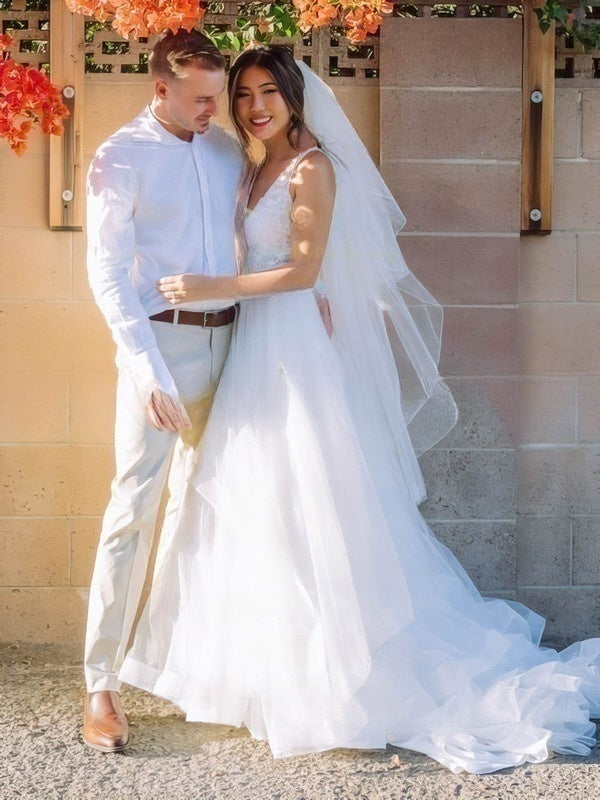 V-neck Tulle Court Train Wedding Dresses With Cascading Ruffles Ball Gown