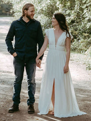 A-Line V-Neck Chiffon Sweep Train Wedding Dress with Split Front