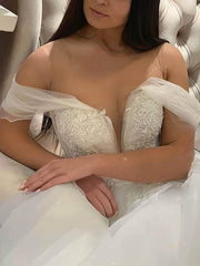 Elegant Off-the-shoulder Tulle Ball Gown Wedding Dress With Appliques Lace