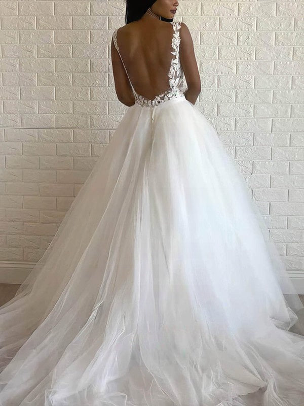 Gorgeous Ball Gown Illusion Tulle Sweep Train Wedding Dress With Appliques Lace