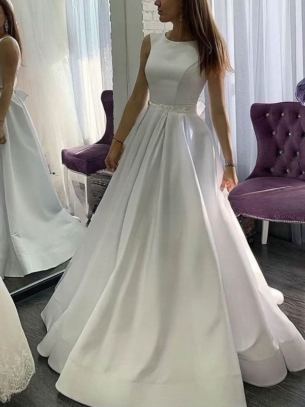 Gorgeous Crew Neck Sleeveless Satin A-Line Wedding Dresses with Pocket Suzhoudress Gorgeous Crew Neck Sleeveless Satin A-Line Wedding Dresses with Pocket Suzhoudress