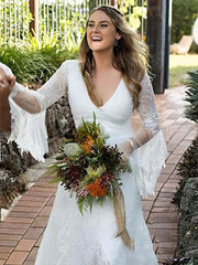 Lace Appliques V-neck Sheath/Column Wedding Dress with Tulle Sweep Train