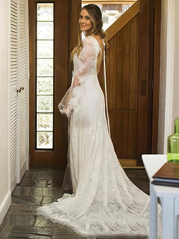 Lace Appliques V-neck Sheath/Column Wedding Dress with Tulle Sweep Train