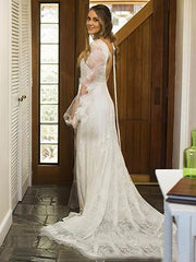 Lace Appliques V-neck Sheath/Column Wedding Dress with Tulle Sweep Train