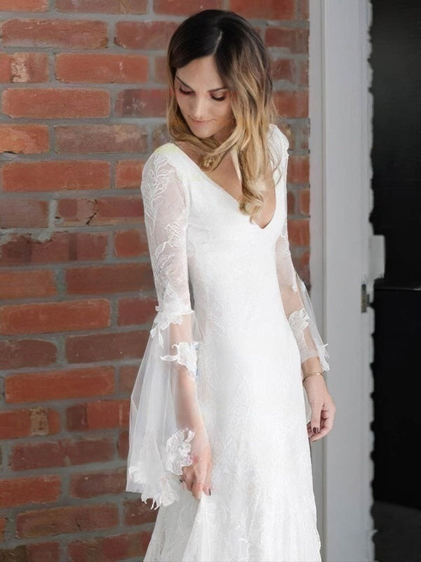 Lace Appliques V-neck Sheath/Column Wedding Dress with Tulle Sweep Train