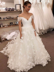 Off-the-shoulder Ball Gown Wedding Dresses With Flower(s) and Tulle Sweep Train