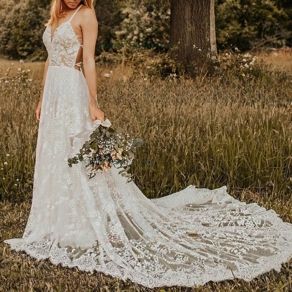 A-line V-neck Lace Court Train Wedding Dress