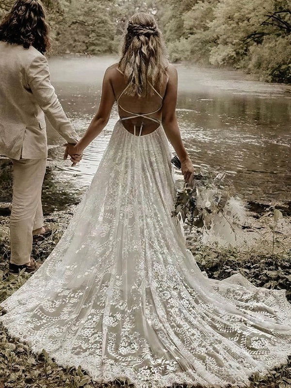 A-line V-neck Lace Court Train Wedding Dress