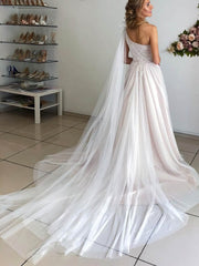 One Shoulder Tulle Ball Gown Wedding Dress with Appliques and Lace Sweep Train