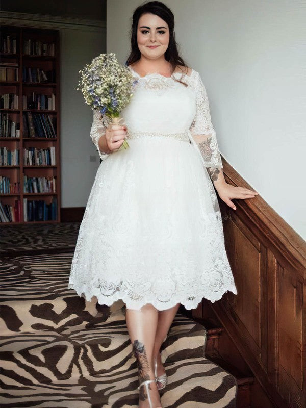 Fabulous Plus Size A-Line Long Sleeves Lace Tea-Length Wedding Dresses – Suzhoudress