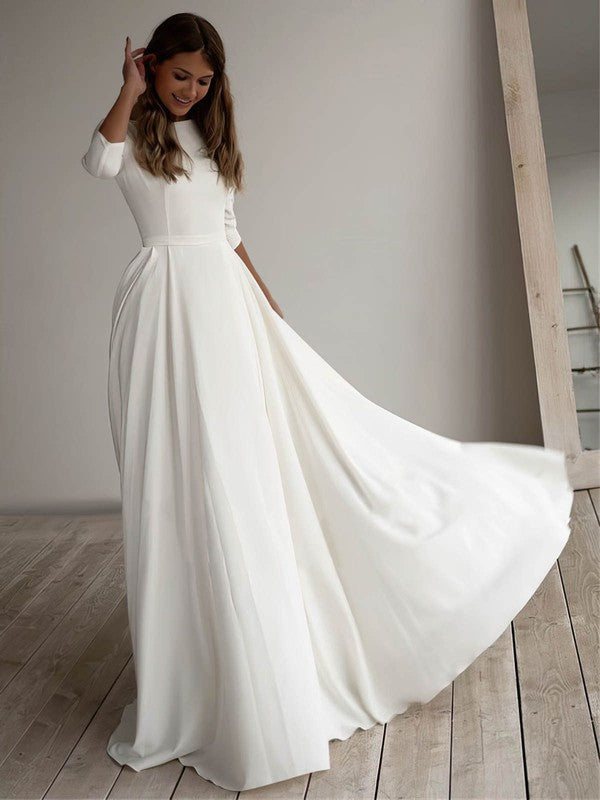 A-Line Scoop Neck Chiffon Sweep Train Wedding Dress With Pockets