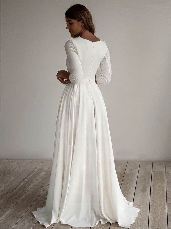 A-Line Scoop Neck Chiffon Sweep Train Wedding Dress With Pockets