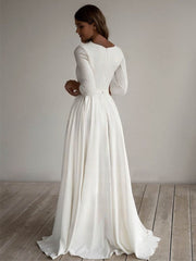 A-Line Scoop Neck Chiffon Sweep Train Wedding Dress With Pockets