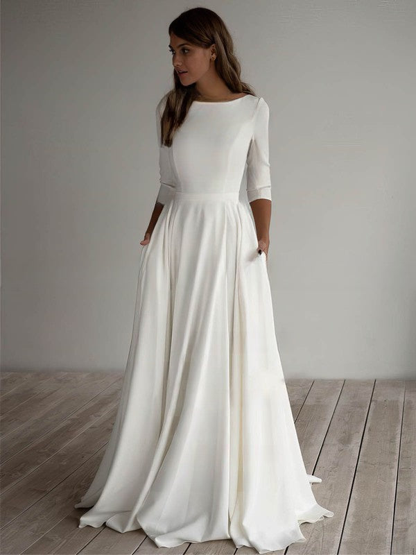 A-Line Scoop Neck Chiffon Sweep Train Wedding Dress With Pockets