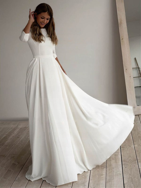 A-Line Scoop Neck Chiffon Sweep Train Wedding Dress With Pockets