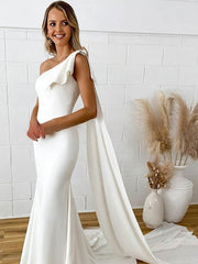 Mermaid One Shoulder Stretch Crepe Sweep Train Wedding Dress