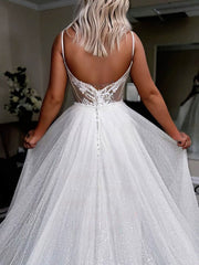 Stunning V-Neck Glitter Court Train Wedding Dress w/ Appliques & Lace