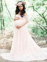 A-Line Lace Court Train Wedding Dress with Off-The-Shoulder Ruffles