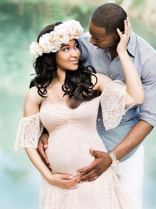 A-Line Lace Court Train Wedding Dress with Off-The-Shoulder Ruffles