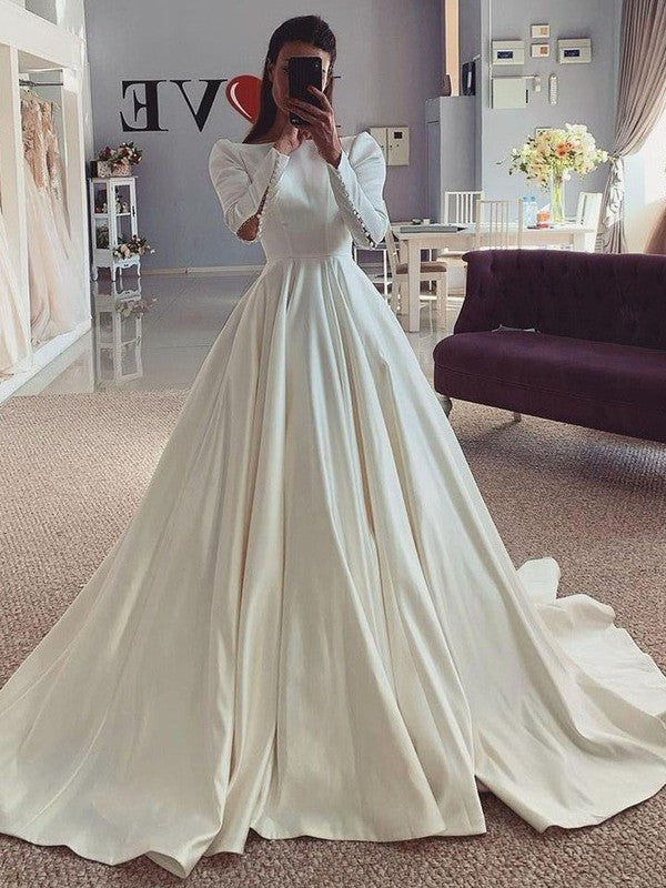 Satin Court Train Wedding Dress with Buttons - Ball Gown Square Neckline