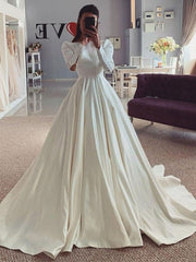 Satin Court Train Wedding Dress with Buttons - Ball Gown Square Neckline