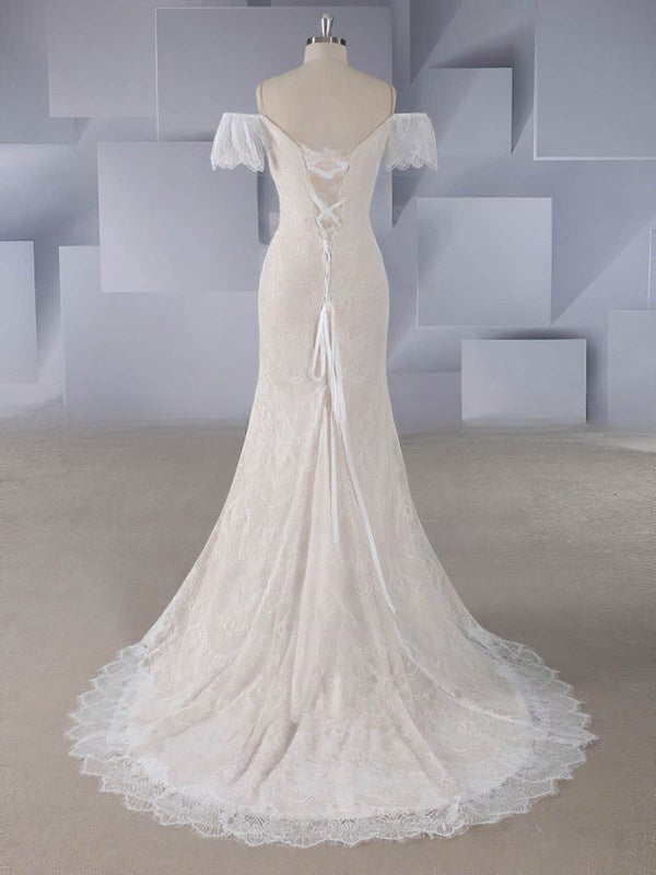 Elegant Off-the-shoulder Lace Trumpet/Mermaid Sweep Train Wedding Dress