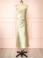 Beautiful Sheath/Column Cowl Neck Satin Tea-length Split Front Bridesmaid Dresses