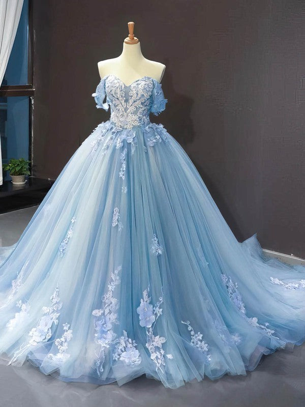 Stunning Beaded Ball Gown Prom Dress with Off-the-shoulder Tulle Sweep Train